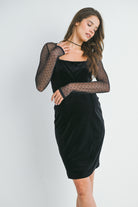 Black Square Neck Mesh Sleeves Maternity Velvet Dress Front View