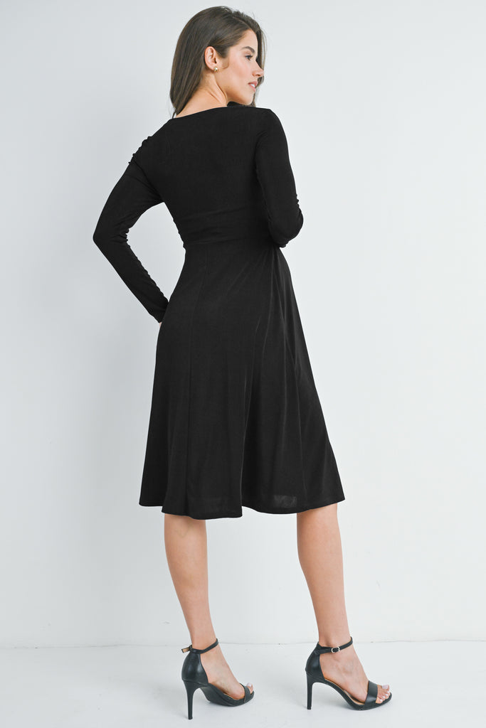 Black Long Sleeve V Neck Wrap Nursing Friendly Maternity Dress Back View