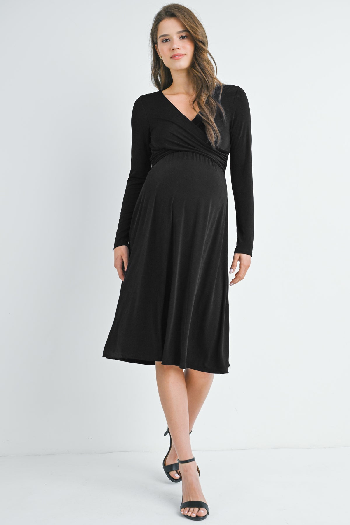 Black Long Sleeve V Neck Wrap Nursing Friendly Maternity Dress Front View
