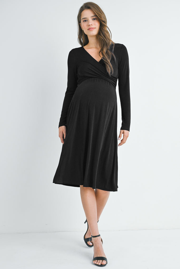 Black Long Sleeve V Neck Wrap Nursing Friendly Maternity Dress Front View