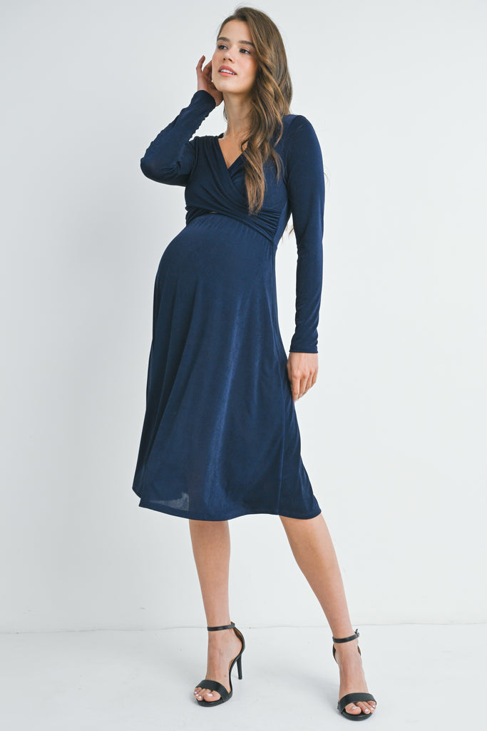 Navy Long Sleeve V Neck Wrap Nursing Friendly Maternity Dress Front View