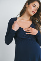 Navy Long Sleeve V Neck Wrap Nursing Friendly Maternity Dress Nursing Close Up Detail