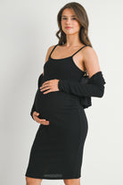 Black 2 Piece Rib Knit Spaghetti Strap Bodycon Maternity Dress with Long Sleeve Cardigan Side View