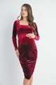 Burgundy Fitted Velvet Square Neck Side Ruched Maternity Dress Front 
View