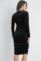 Black Fitted Velvet Square Neck Side Ruched Maternity Dress Back View