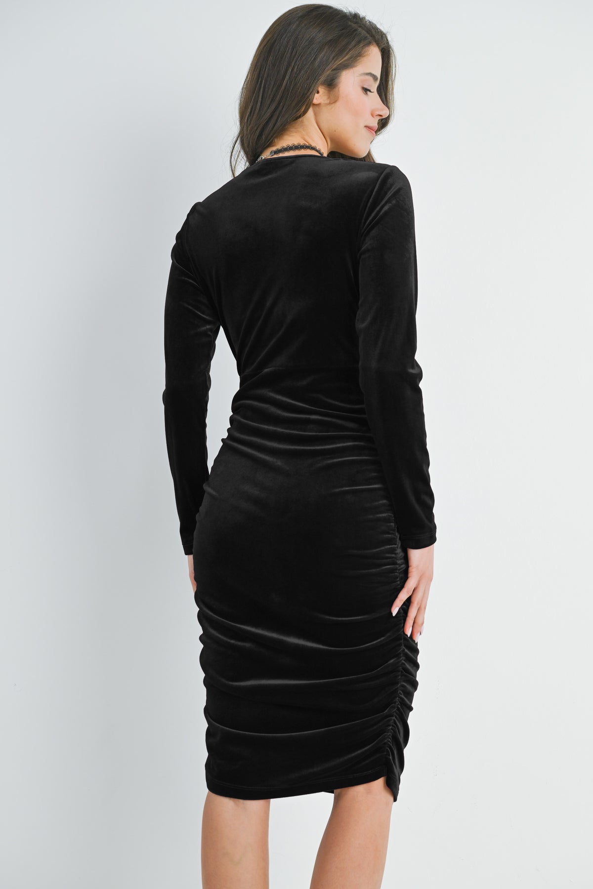 Black Fitted Velvet Square Neck Side Ruched Maternity Dress Back View