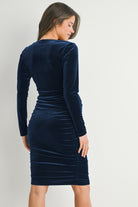 Navy Fitted Velvet Square Neck Side Ruched Maternity Dress Back View