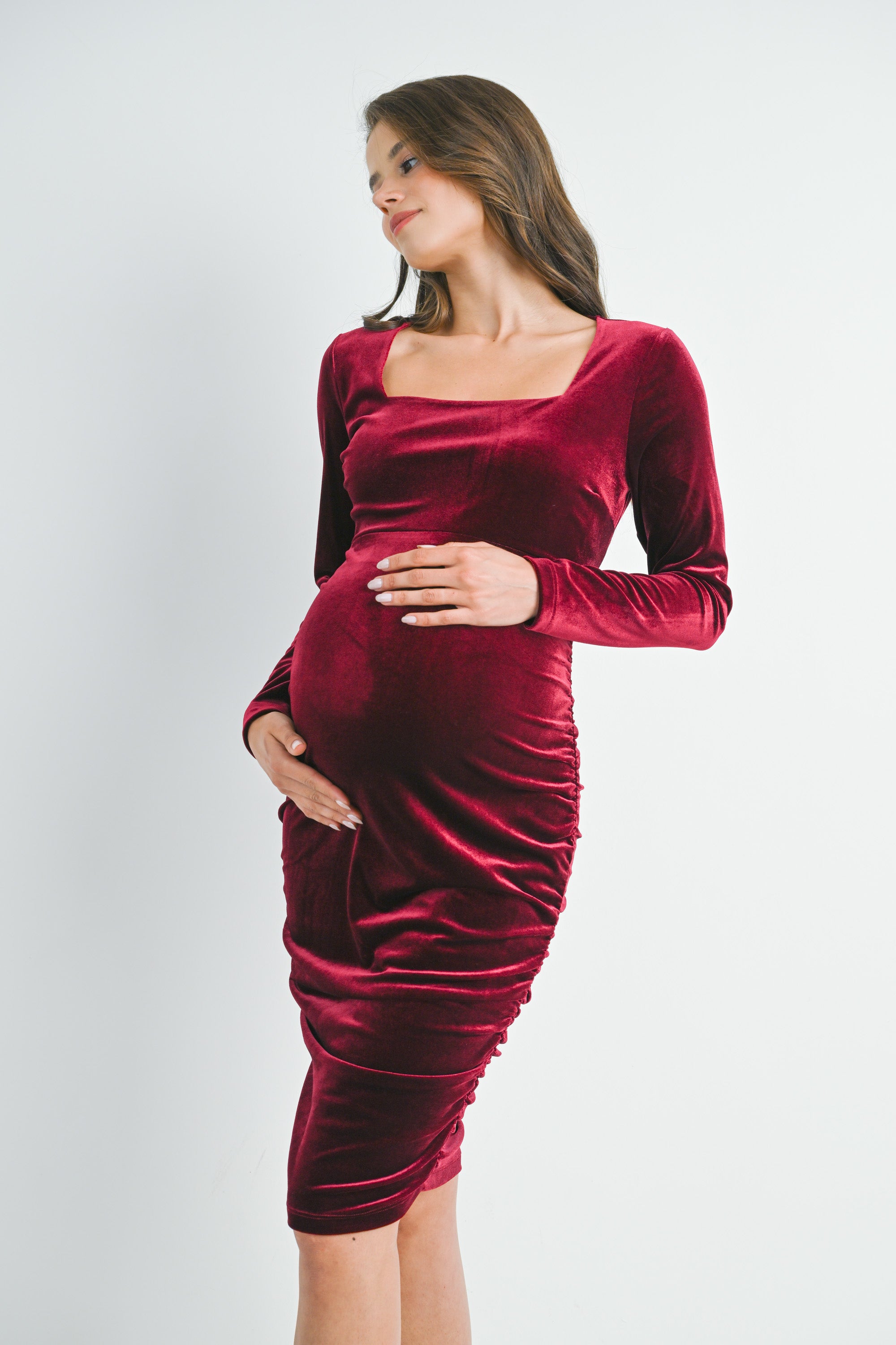 Midi Dress Burgundy Velvet Maternity Dress Women's Maternity Velvet Dress Long Sleeve Sweetheart Bodycon Ruched Wrap Midi Dress Burgundy Velvet Maternity Dress Women's Maternity Velvet Dress Long Sleeve Sweetheart Bodycon Ruched Wrap