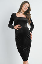 Black Fitted Velvet Square Neck Side Ruched Maternity Dress Front View