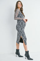 Charcoal/Grey Scoop Neck Side Slit Long Sleeve Mesh Printed Maternity Dress Side View