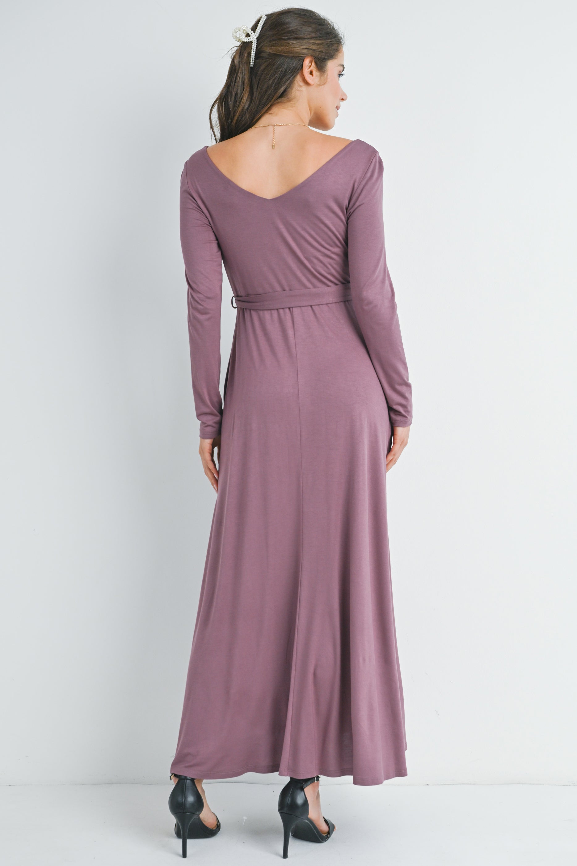 purple long sleeve maxi dress Long Sleeve V Neck Maternity Maxi Dress with Waist Belt SAGE / SMALL
