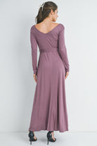 Mauve Long Sleeve V Neck  Maternity Maxi Dress  Back View