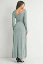 Sage Long Sleeve V Neck  Maternity Maxi Dress with Waist Belt Back View