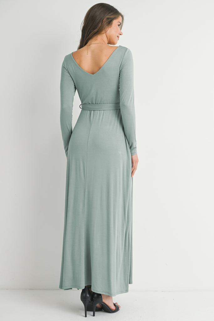 Sage Long Sleeve V Neck  Maternity Maxi Dress with Waist Belt Back View