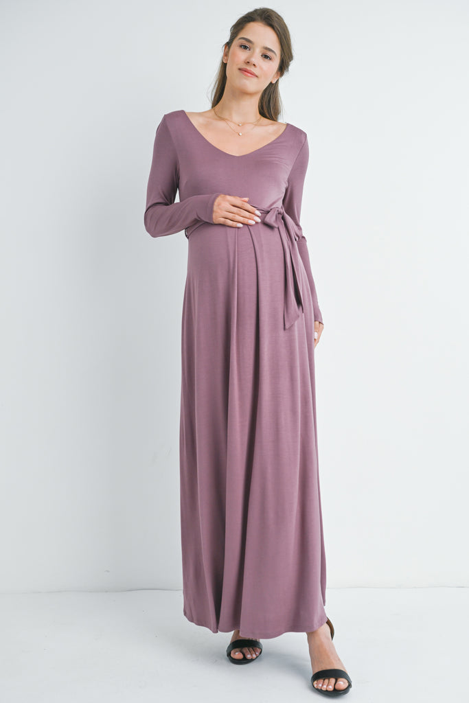 Mauve Long Sleeve V Neck  Maternity Maxi Dress with Waist Belt Front View