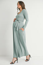 Sage Long Sleeve V Neck  Maternity Maxi Dress with Waist Belt Side View