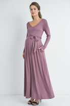 Mauve Long Sleeve V Neck  Maternity Maxi Dress Side View