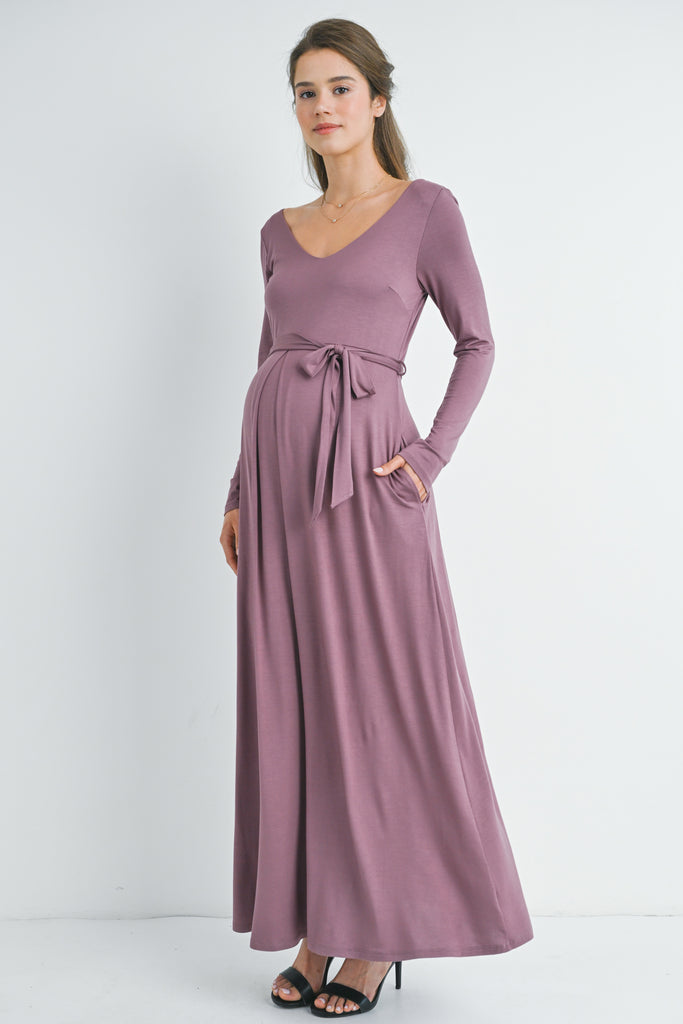 Mauve Long Sleeve V Neck  Maternity Maxi Dress Side View