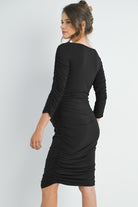 Black Bodycon Side Ruched Long Sleeve Bodycon Maternity Dress Back View