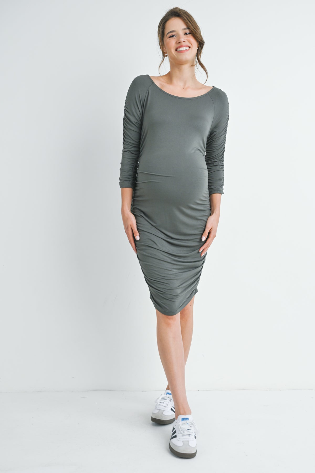 Dark Grey Bodycon Side Ruched Long Sleeve Bodycon Maternity Dress Full Body