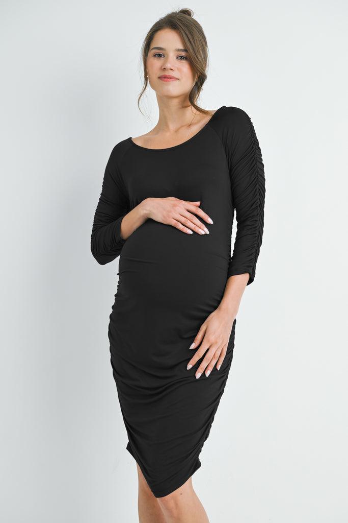 Black Bodycon Side Ruched Long Sleeve Bodycon Maternity Dress Front View