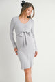 Ribbed V Neck Long Sleeve Tie Waist Maternity Dress