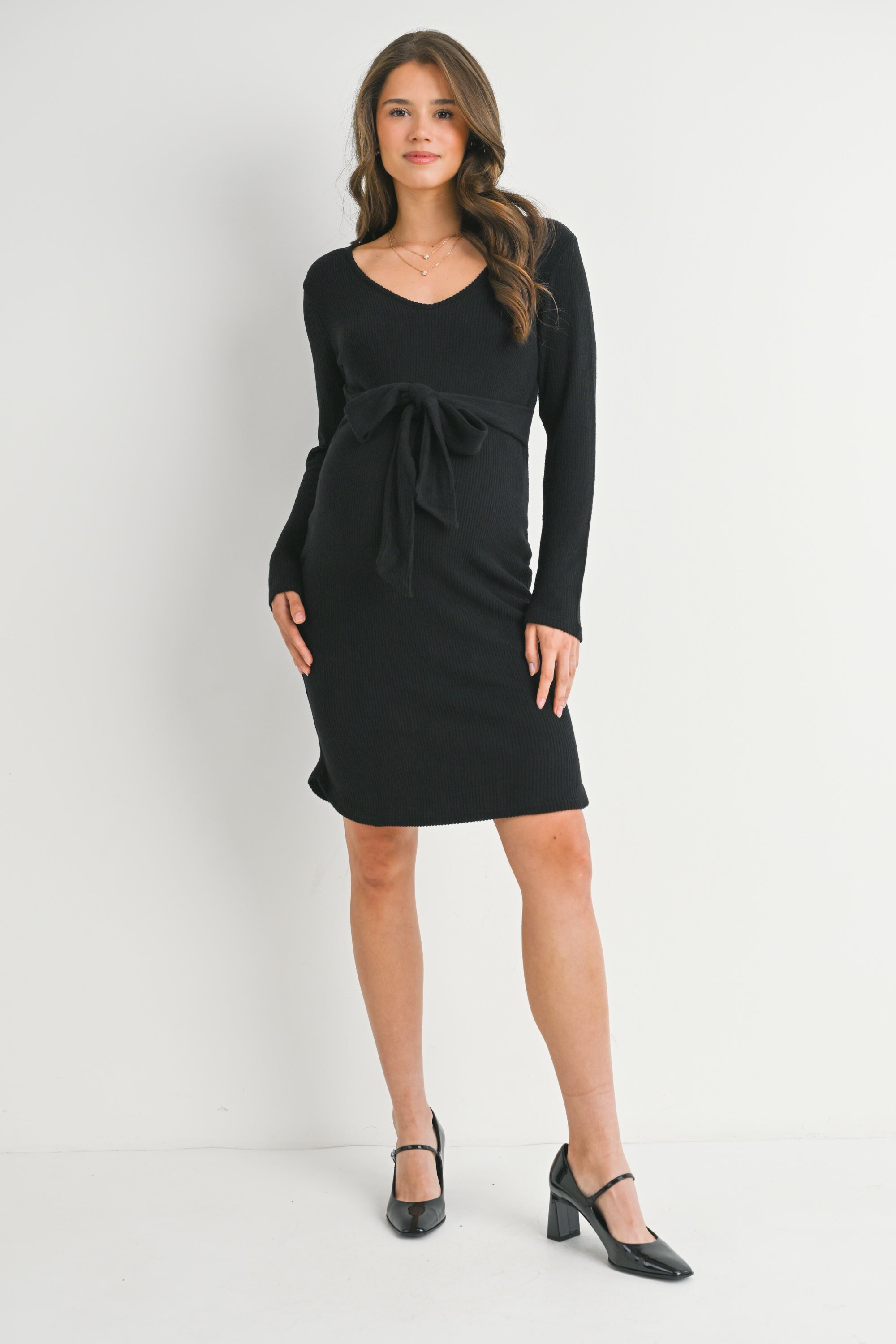 Ribbed V Neck Long Sleeve Tie Waist Maternity Dress SAND / SMALL Ribbed V Neck Long Sleeve Tie Waist Maternity Dress SAND / SMALL