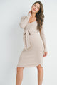 Ribbed V Neck Long Sleeve Tie Waist Maternity Dress