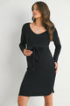 Ribbed V Neck Long Sleeve Tie Waist Maternity Dress