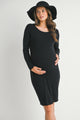 Ribbed Lettuce Trim Long Sleeve Maternity Dress