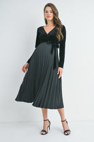 Black V Neck Wrap Pleated Maternity Dress Front View