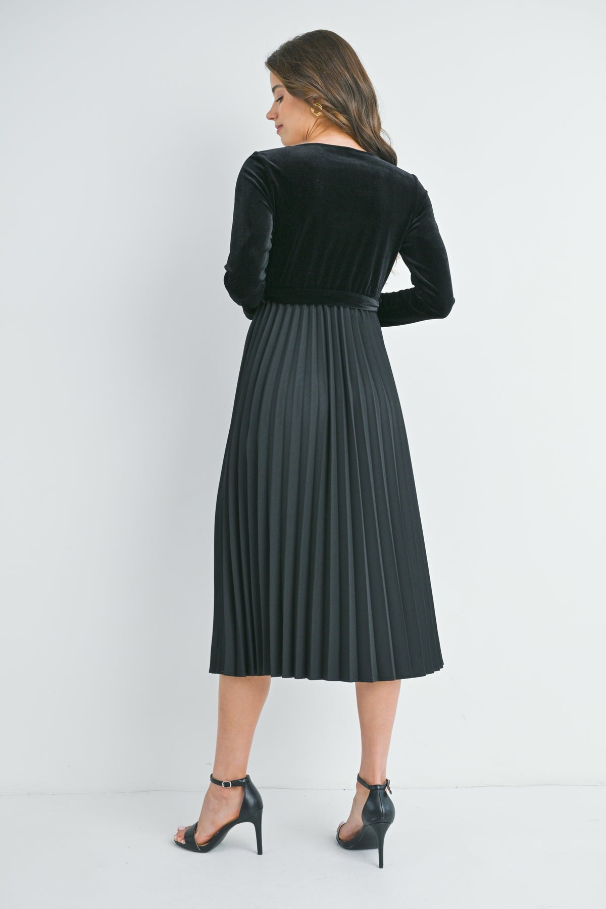 Black V Neck Wrap Pleated Maternity Dress Back View