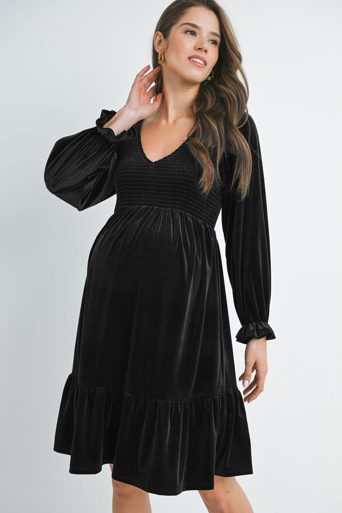 Black Velvet Smocked V Neck Long Sleeve Ruffle Maternity Dress Front View