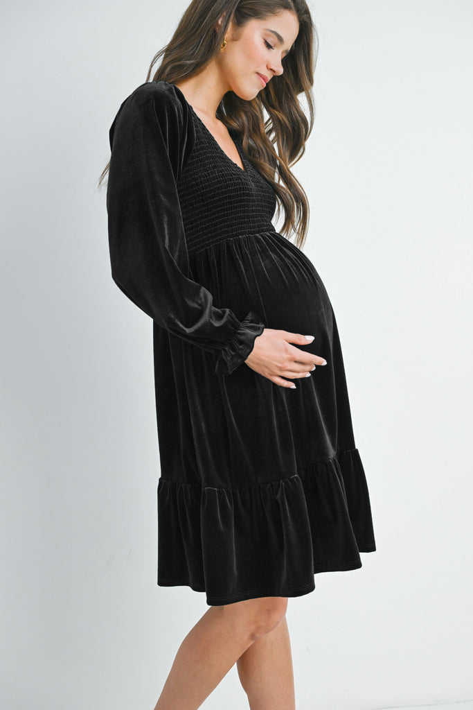 Black Velvet Smocked V Neck Long Sleeve Ruffle Maternity Dress Side View
