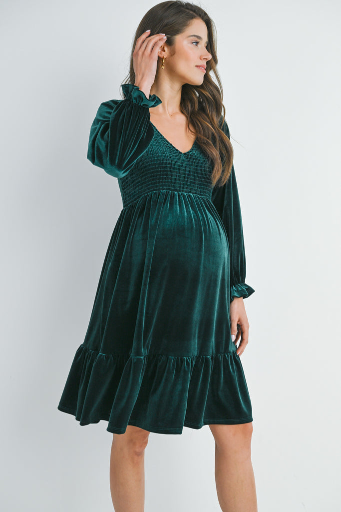 Green Velvet Smocked V Neck Long Sleeve Ruffle Maternity Dress Side View