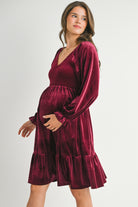 Burgundy Velvet Smocked V Neck Long Sleeve Ruffle Maternity Dress Side View