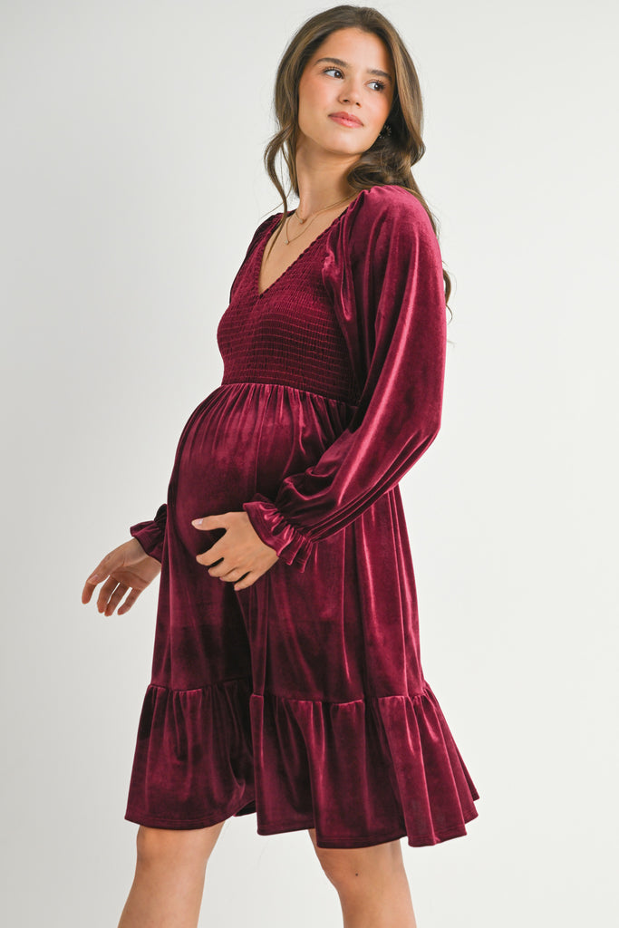 Burgundy Velvet Smocked V Neck Long Sleeve Ruffle Maternity Dress Side View