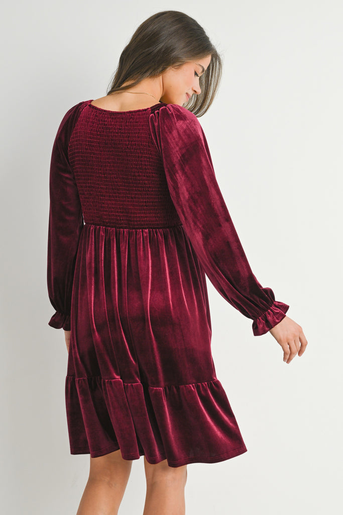 Burgundy Velvet Smocked V Neck Long Sleeve Ruffle Maternity Dress Back View