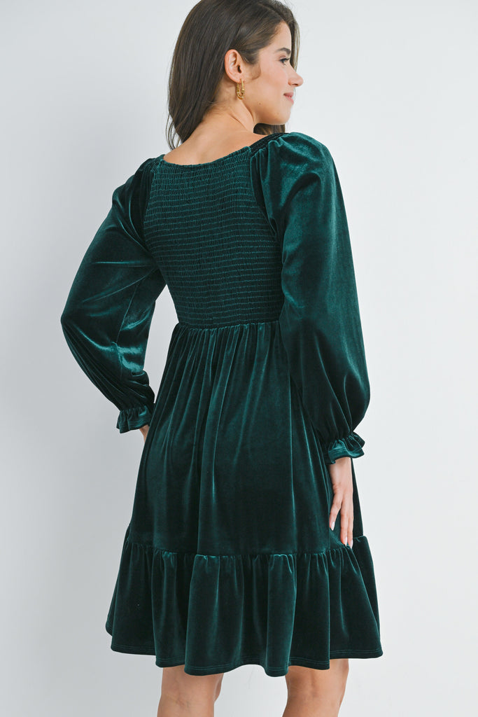 Green Velvet Smocked V Neck Long Sleeve Ruffle Maternity Dress Back View