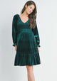 Green Velvet Smocked V Neck Long Sleeve Ruffle Maternity Dress Front View
