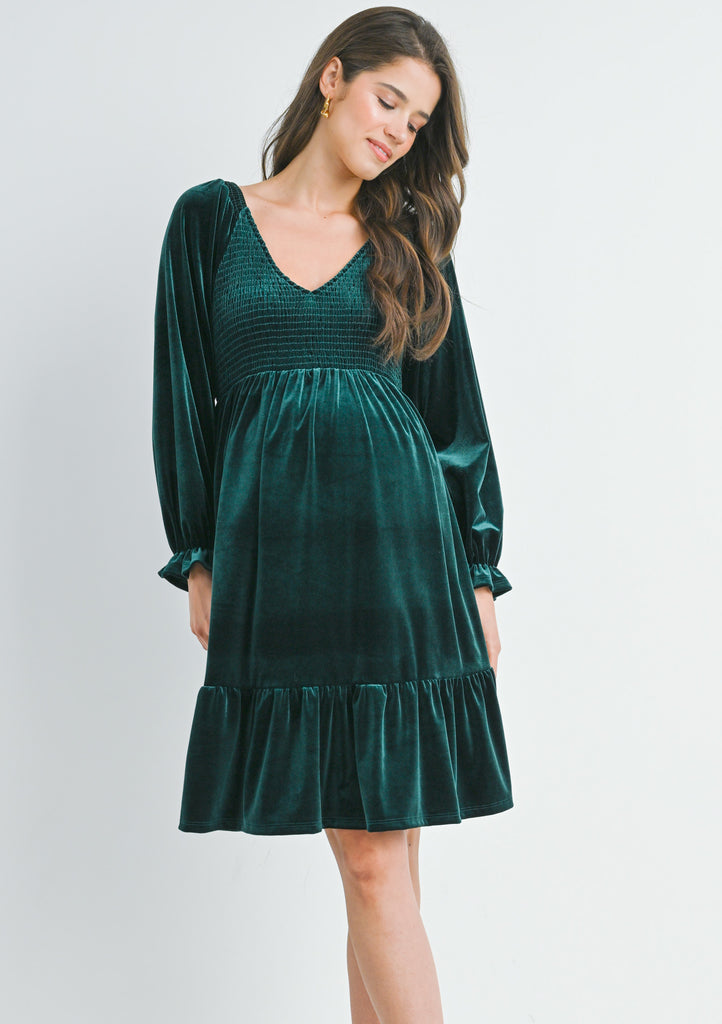 Green Velvet Smocked V Neck Long Sleeve Ruffle Maternity Dress Front View