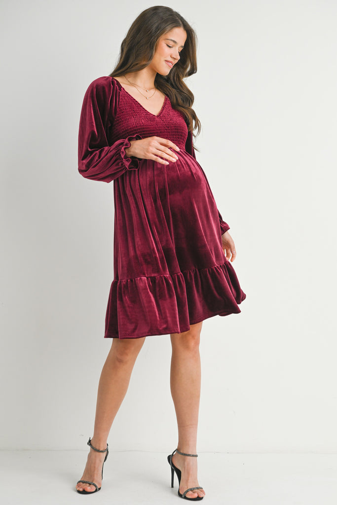 Burgundy Velvet Smocked V Neck Long Sleeve Ruffle Maternity Dress Full Body