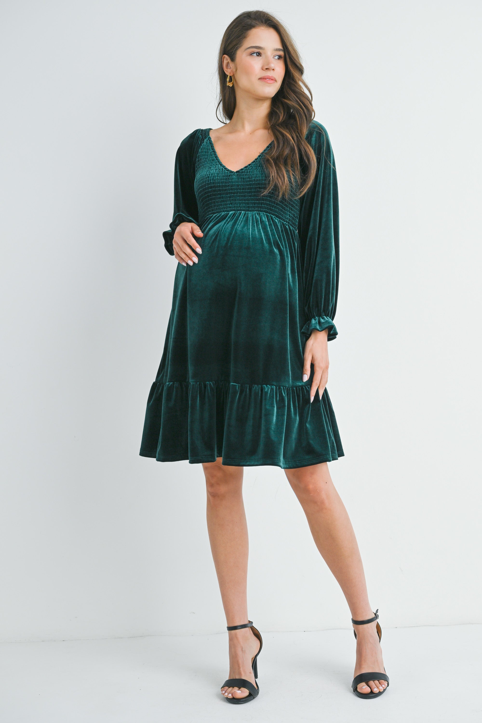 Green Velvet Smocked V Neck Long Sleeve Ruffle Maternity Dress Full Body