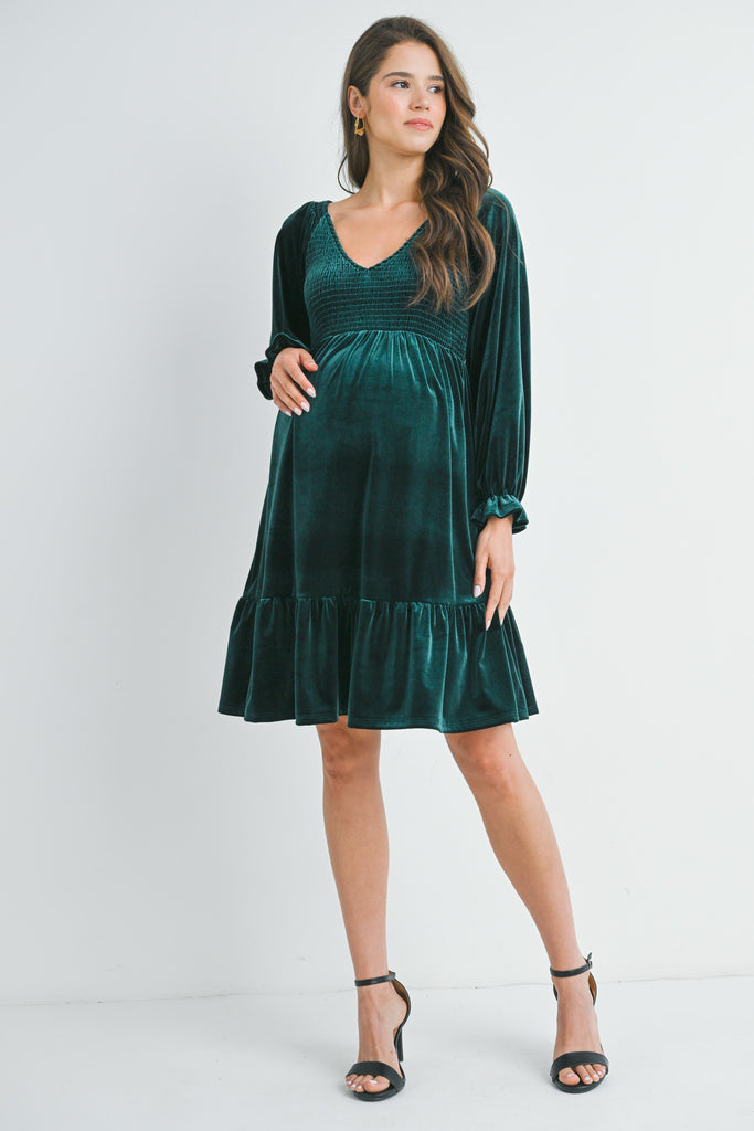 Green Velvet Smocked V Neck Long Sleeve Ruffle Maternity Dress Full Body