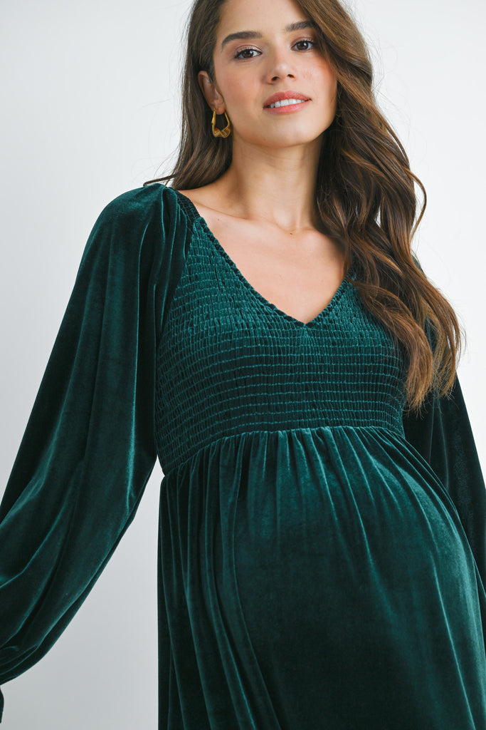 Green Velvet Smocked V Neck Long Sleeve Ruffle Maternity Dress Smocked Detail Close Up