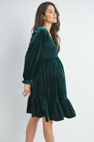 Green Velvet Smocked V Neck Long Sleeve Ruffle Maternity Dress Side View