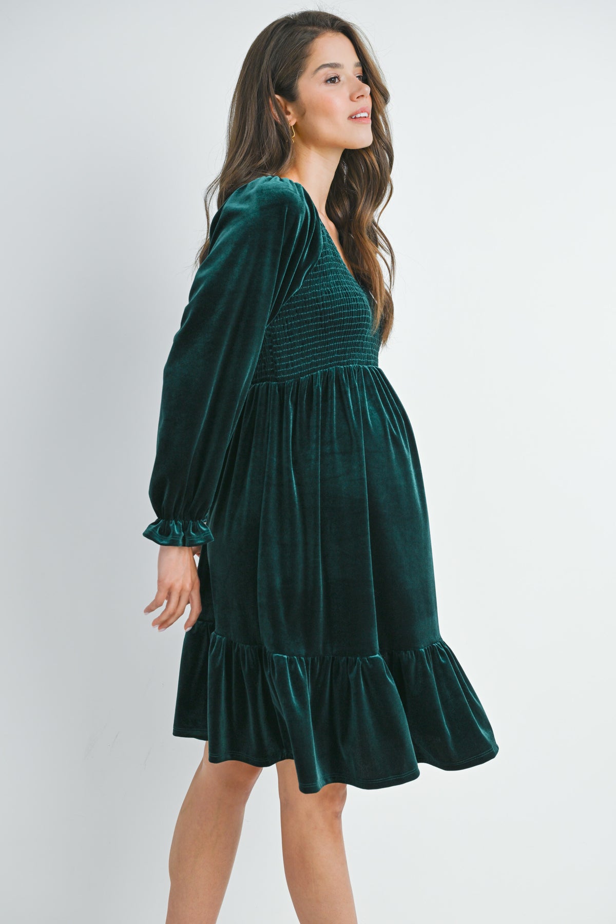 Green Velvet Smocked V Neck Long Sleeve Ruffle Maternity Dress Side View