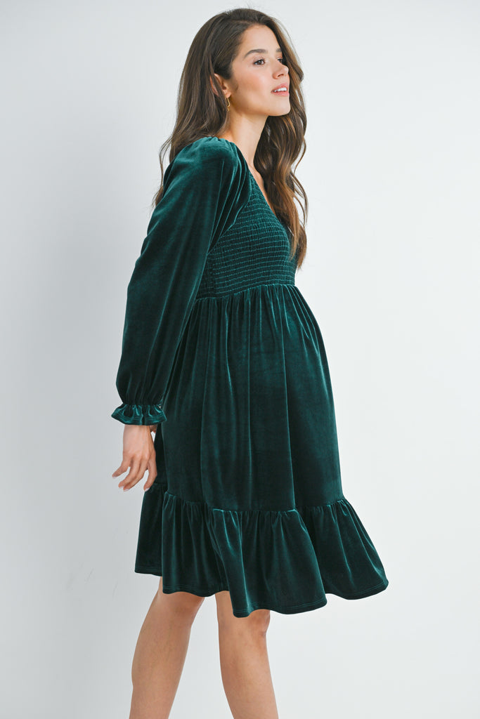 Green Velvet Smocked V Neck Long Sleeve Ruffle Maternity Dress Side View