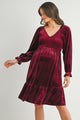 Burgundy Velvet Smocked V Neck Long Sleeve Ruffle Maternity Dress Front View