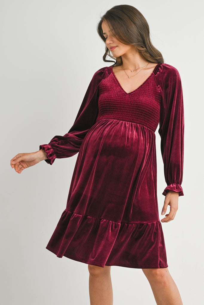Burgundy Velvet Smocked V Neck Long Sleeve Ruffle Maternity Dress Front View